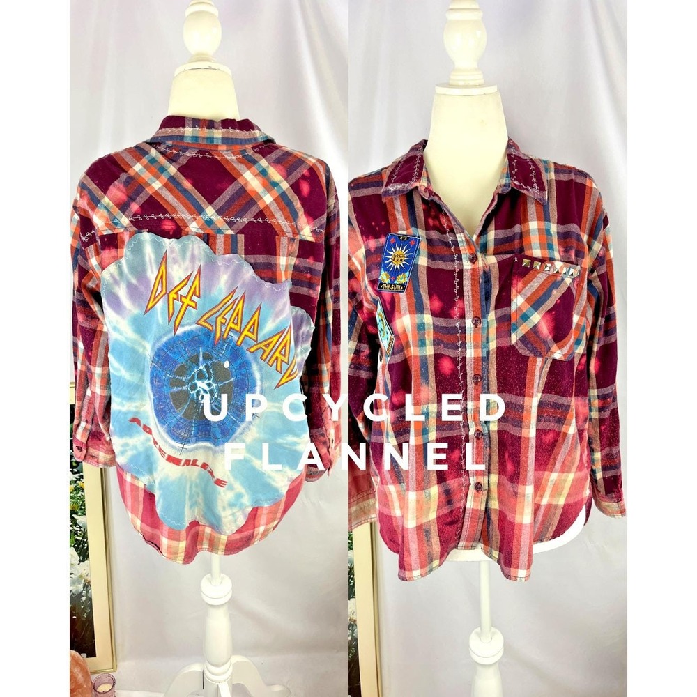 Def Leppard Band Tee UPCYCLED Flannel XL Embroidered Patch Tarot Witchy Grunge